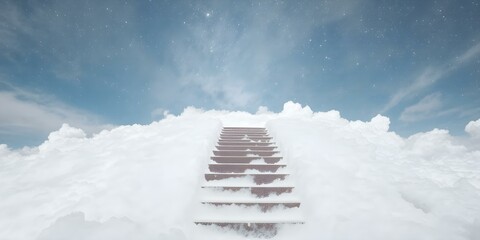 Stairway to Heaven: An enchanting shot of a wooden staircase ascending into a radiant blue sky framed by fluffy, cloud-like formations. Invoking a sense of peace and possibility