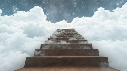 Ascending to Dreams: A surreal image of stairs leading upward towards a beautiful sky filled with clouds, evoking a sense of aspiration, ambition, and a journey towards reaching new heights.