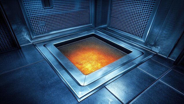 Metallic square pit with glowing orange center