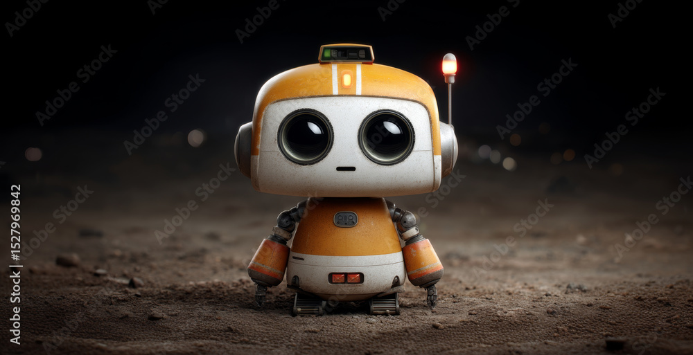 Poster A small robot stands on the surface of an unknown planet, equipped for exploration.