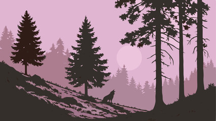 sunset in the forest, illustration, vector art