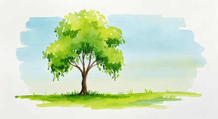 Green leafy tree standing alone with painted sky background. Watercolor style on canvas
