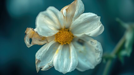 A close-up of a flower with a torn petal, showcasing the natural beauty of imperfection