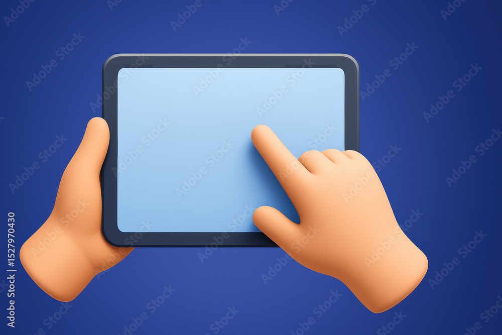 Poster interaction with a digital device reflects communication and control in modern business emphasizing 