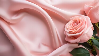 pink rose on satin silk fabric background with copy space