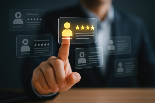 A business professional interacts with digital rating icons symbolizing customer feedback quality assessment and user review insights