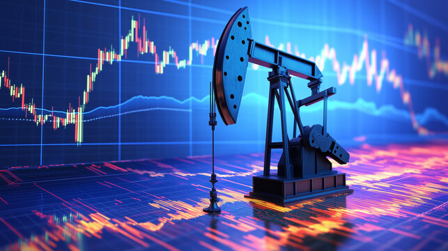 Oil pump pack on stock market graph background. Concept of oil price, energy trend