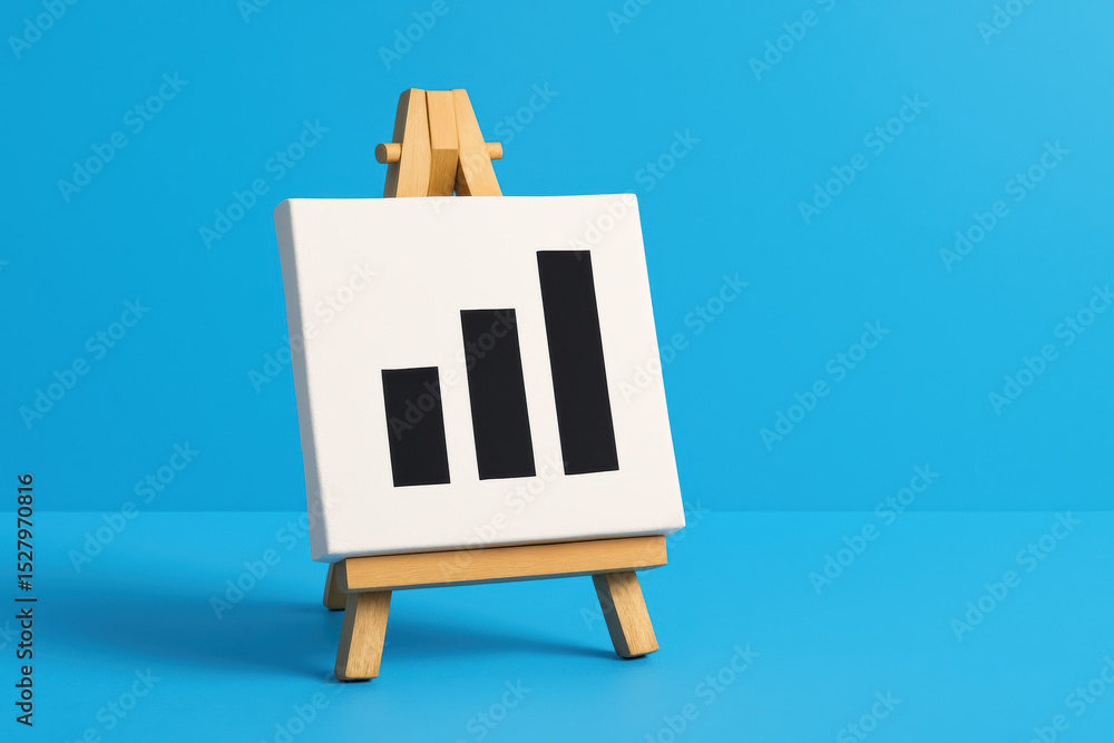 Poster a minimalist presentation on a wooden easel illustrates growth through a simple bar chart design sym