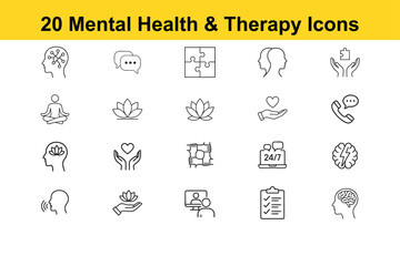 Mental Health & Therapy Icons | Wellness, Counseling, Brain, Meditation, Support, Empathy, 24/7 Assistance, Checklist – Editable Vector Set