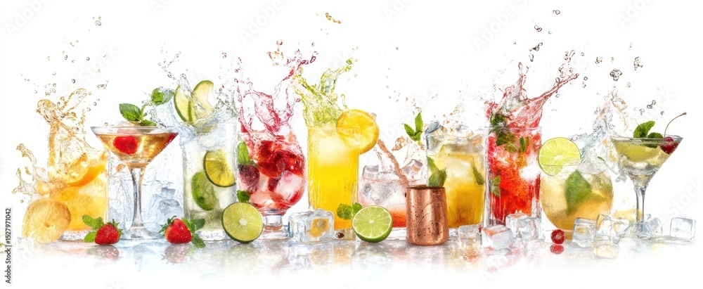 Poster the colorful array of refreshing cocktails with splashes and ice.