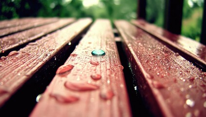 Red wooden bench with water droplets