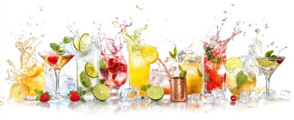 The colorful array of refreshing cocktails with splashes and ice.