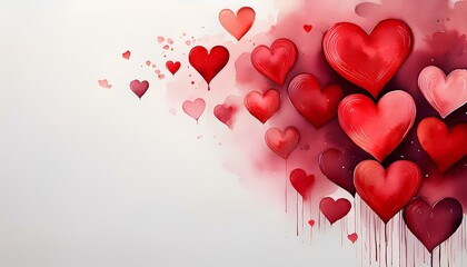 red hearts watercolor background with copy space