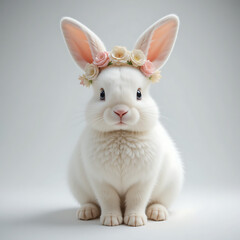 Fototapeta premium A white rabbit with a flower crown sitting on a white background looking at the camera directly front on