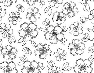 Sakura blossom pattern. Cherry flower seamless vector background. Floral japanese or chinese black line art. Spring vintage tree branch.elegant, graphic, japan, japanese, ornament, outline, print.