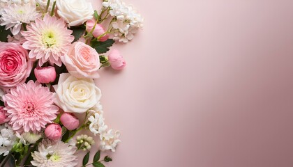 pink and white flowers on pink background with copy space