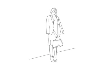 One single line drawing of female fashion show model holding handbag. Fashion model minimalist concept. Fashion trendy minimalist concept. Simple line for fashion.