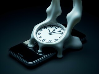 Time's Melting Embrace: A surreal, artistic shot depicting a white clock seemingly melting over a sleek smartphone, set against a backdrop. conveying themes of time, technology.