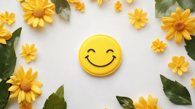 Yellow smiley face in center surrounded by yellow daisies and green leaves on a white background. Concept of happiness and positivity