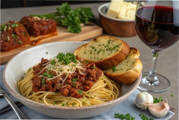 Fototapeta premium Italian Cuisine Spaghetti Bolognese + Garlic Bread + Red Wine