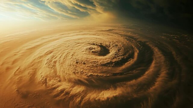 Aerial view of a colossal sandstorm vortex swirling in a desert landscape at sunset, under a dramatic cloudy sky, showing extreme weather