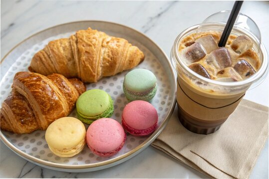 Some croissants, macarons and iced coffee 