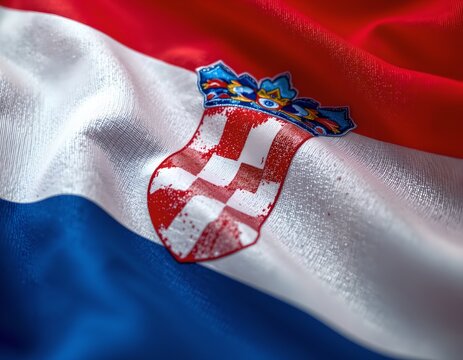 Croatian Flag Detailed Close Up National Symbol Fabric Texture Red White Blue Coat of Arms