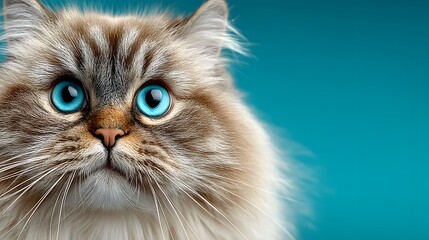 Close up portrait of a ragdoll cat with piercing blue eyes on a teal background pet photography