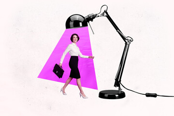 Full image sketch 3d collage poster of happy businesswoman businessman stand light bulb ray idea...