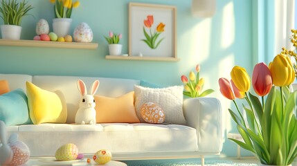 Spring home vibe yellow tulips Easter eggs bunny decor pastel pillows bright cheerful living room picture