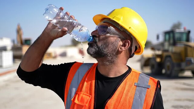 Construction worker cooling down on hot day with cold water break at site. Perspiration, hydration, refreshment, protection, cooling. 