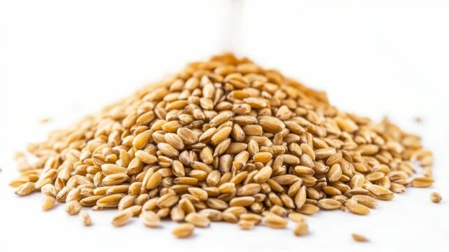Pile of whole wheat grains in natural style on white background, representing organic food and agriculture concept