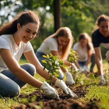 A committed woman planting a young tree in a garden as part of an environmental conservation effort