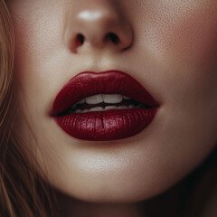 Fototapeta premium Beautiful sensual lips of a young girl with burgundy lipstick close-up.