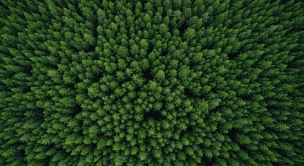 A dense, lush green forest from an aerial view shows treetops tightly packed