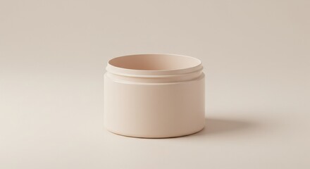 Simple cream jar in neutral pink, empty and open, minimalist beauty product packaging