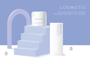 Cosmetics and skin care product ads template on blue geometrical  background.