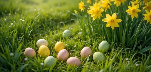 Finding Colored Eggs in Grass with Yellow Flowers