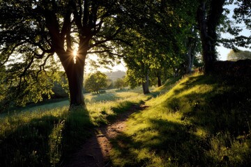 Obraz premium Sun shines through trees trunk illuminating a dirt path in a grassy hilly landscape
