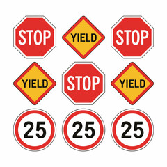 Collection of road signs including stop yield and speed limit symbols with transparency