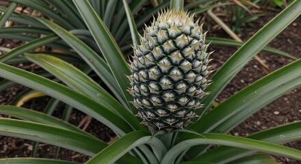 Fototapeta premium A pineapple growing with sharp, green leaves spread out in a sandy field