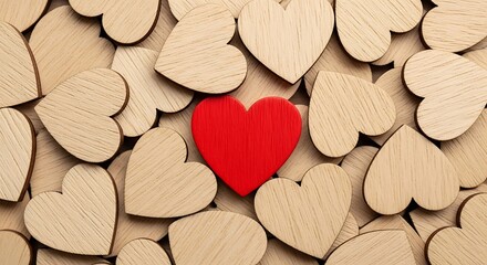 Wooden Hearts with One Red Heart As the Focal Point