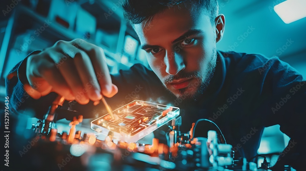 Poster professional man working on a tablet device while sitting at a desk in a modern office environment