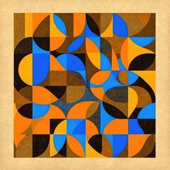 Geometric abstract design with circles, squares, and triangles in warm and cool colors