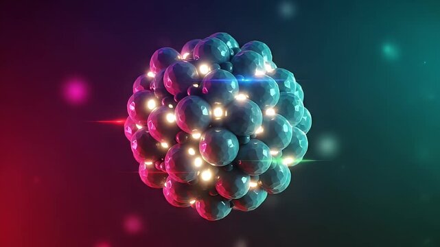 Abstract Digital Render of a Geometric Blue Sphere with Glowing Lights on a Gradient Background of Teal and Red with Polyhedral Design