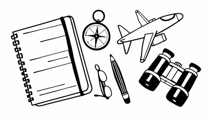 Fototapeta premium Black and White flat lay image of travel items including notebook, compass, airplane, pencil, glasses, Vintage style