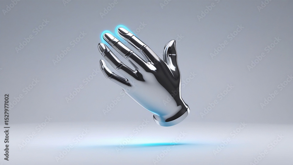 Poster a chrome hand with blue light emanating from the fingertips on a gradient gray background
