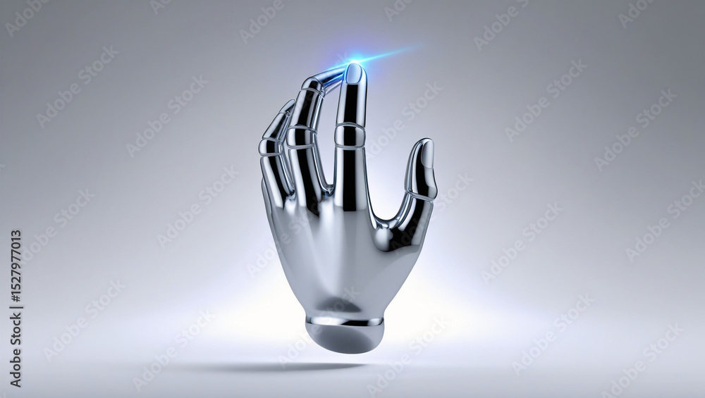 Poster a metallic robot hand with a blue light emanating from the tip of the index finger on a white backgr
