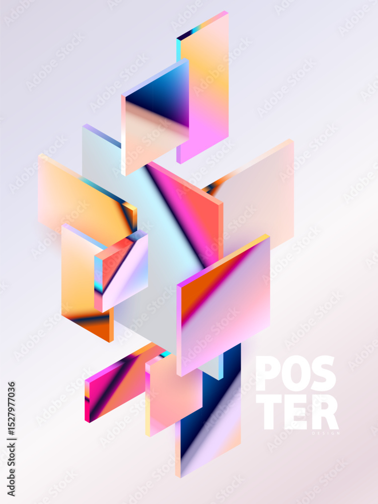 Poster 3d glass squares and rectangles. abstract geometric background of colorful isometric shapes.