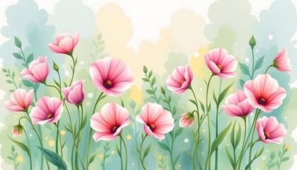 a serene watercolor panorama of sweet peas, in a flowing watercolor style, with baby pink and spring green tones, on textured paper, sweeping strokes, soft gradients, tranquil essence